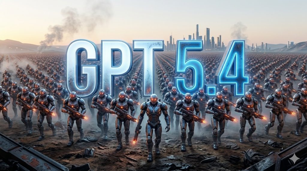 כתוב GPT 5.4 בענק ומאחוריו צבא ענק של רובוטים