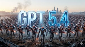 כתוב GPT 5.4 בענק ומאחוריו צבא ענק של רובוטים
