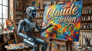 רובוט שכתוב עלי וקלוד והוא מחזיק מכחול ומצייר וכתוב בענק Claude design