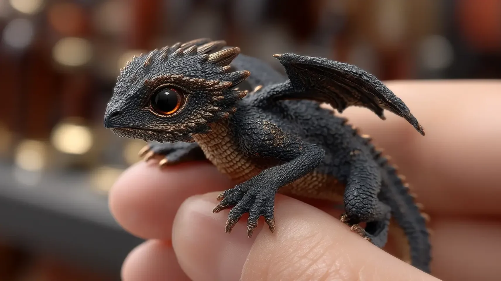 דרקון שחור קטן יושב על קצות האצבעות