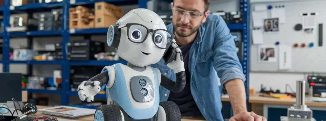 הנדסת-פרומפטים-טכנולוגיות-מתקדמות2 רובוט קטן על גלגלים מאחוריו בן אדם